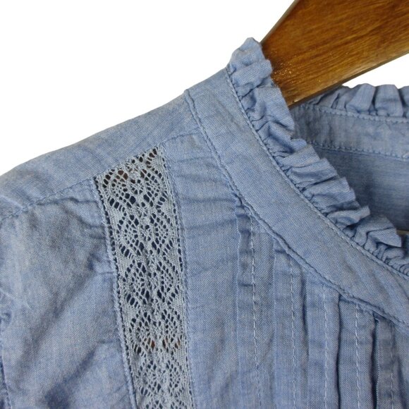 LOFT Blouse Ruffle XS Pintucking Lace Blue Cotton Cottagecore Western Peasant - Picture 5 of 7